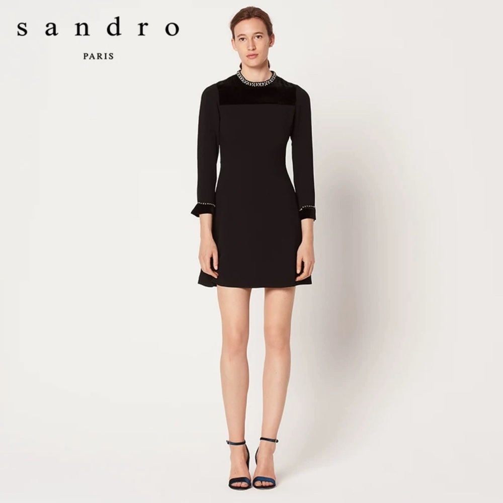 Sandro Paris Black Embellished Velvet-Paneled Crepe Mini Dress Size 38
